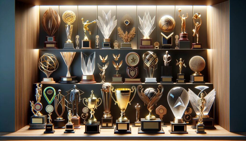 DALL·E-2023-12-11-13.48.14-A-wide-view-image-showcasing-a-luxurious-array-of-different-types-of-trophies-and-awards.-The-display-features-a-traditional-gold-cup-trophy-represen